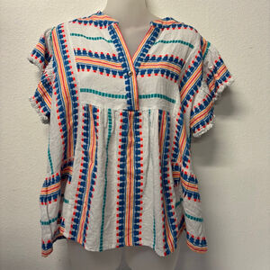 Women's XL THML White Multi-color Striped Blouse party, vacation cotton colorful